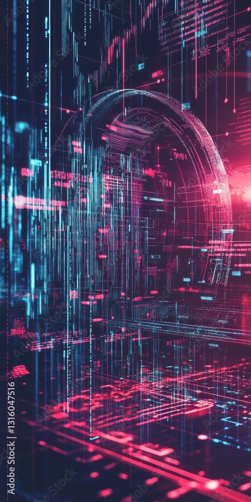 Poster abstract futuristic digital data visualization with neon lights and geometric patterns