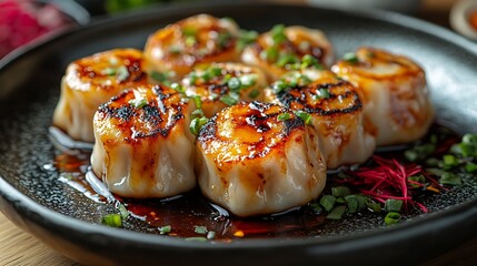 Artistic dumplings with crispy edges illuminated against a dark plate with vibrant green garnish