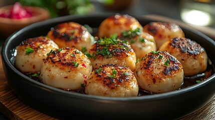 Soft textured dumplings glowing under warm light on a sleek black dish with fresh herbs
