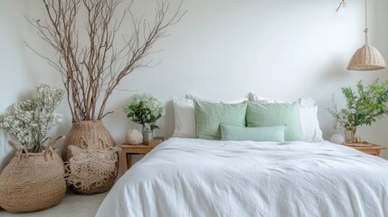 Serene Minimalist Bedroom  White   Green Decor  Bohemian Style