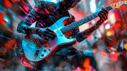 Futuristic Cybernetic Street Musician Jamming on Electric Guitar with Digital Effects