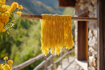 Vibrant strands of homemade fettuccine rest on a wooden rack, capturing the essence of authentic Italian home cooking