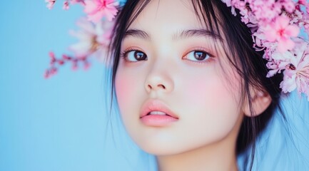Naklejka premium Beautiful Asian Woman with Pink Flowers Teal Background Modern Portrait