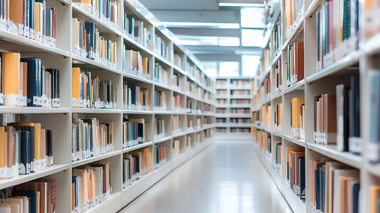 Bright Modern Library Interior With White Bookshelves And Colorful Books In An Organized Aisle