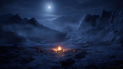 Naklejka premium Nighttime campfire in a desolate, mountainous landscape.