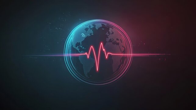 A glowing red and blue globe with a heart in the middle. The globe is surrounded by a red and blue wave