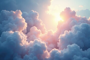 Ethereal light shines through fluffy white clouds, shimmering, mystical