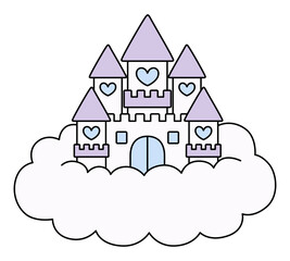 雲とかわいいハートのお城のベクターイラスト。メルヘン、ファンシー、線