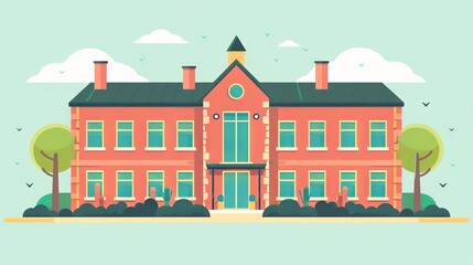 Fototapeta premium Modern school building in flat design style with bright colors, featuring classrooms, playground, and educational environment for learning and development