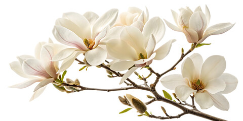 Obraz premium Elegant Magnolia Flowers on Branch - Isolated on White Background, Transparent PNG, AI Generated