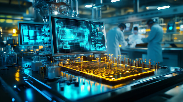 A glowing quantum computer in a high-tech research lab