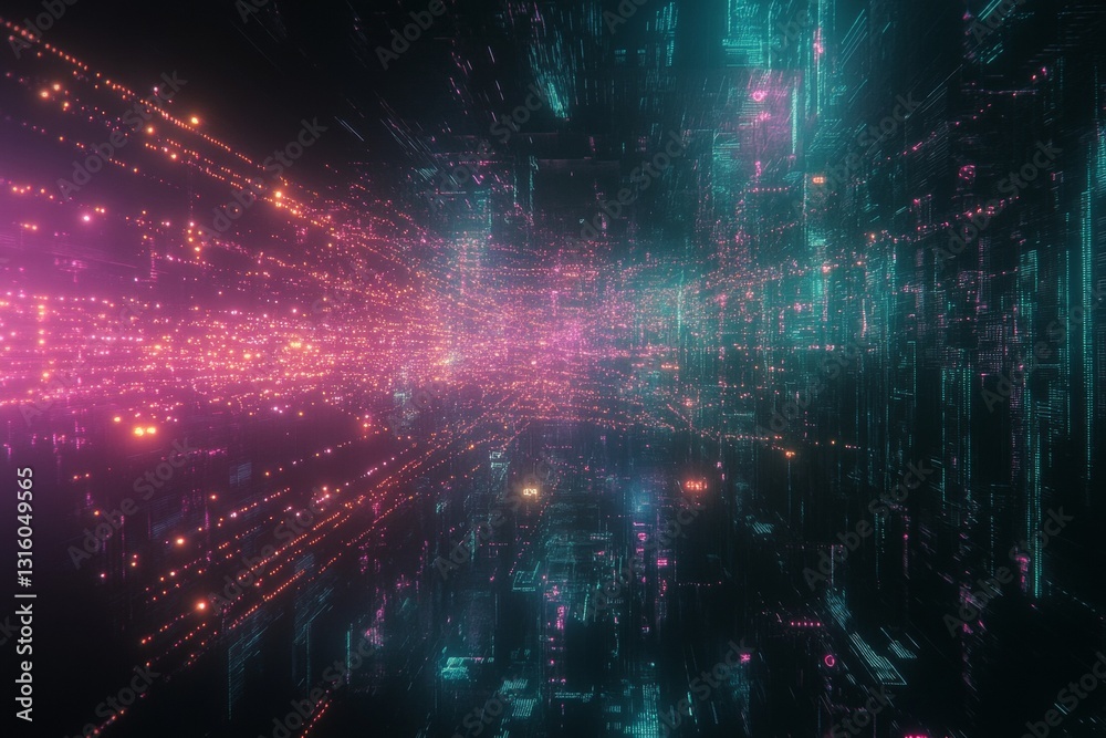 Poster abstract digital visualization of colorful light particles moving through space in motion