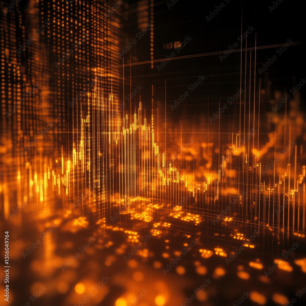Poster abstract digital data visualization with glowing orange lines and patterns in a futuristic space