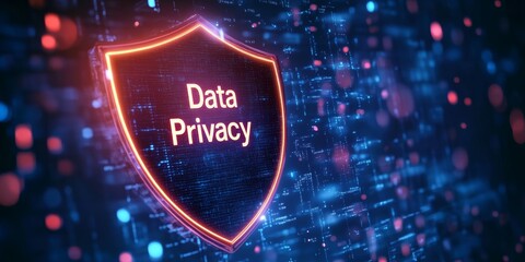 This image depicts the concept of data privacy with a glowing shield representing security against digital threats in a vibrant blue network background.