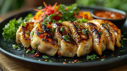 Artistic dumplings arranged in a crescent formation on a black plate with a warm glow