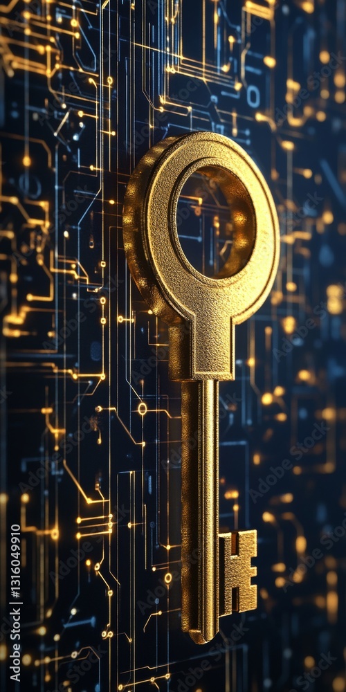 Poster golden key symbolizing digital access and security within an abstract tech environment