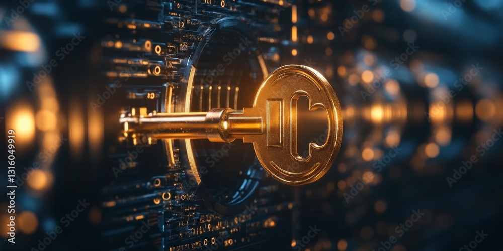 Poster golden digital key embedded in a futuristic lock mechanism representing cybersecurity concepts