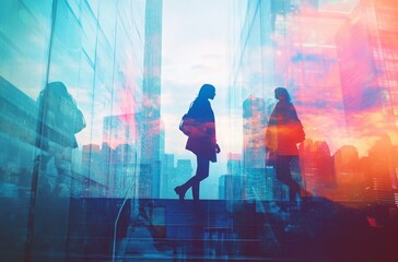 Silhouette of two people walking in a modern city at sunset double exposure effect with vibrant colors perfect for illustrating urban life and dynamic movement concept