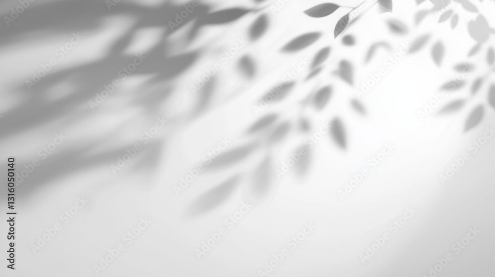 Poster Soft abstract background with delicate shadows of tree leaves on a white wall. Subtle blurred effect in shades of white and grey with soft lighting, ideal for wallpaper, backdrops, banners, and presen