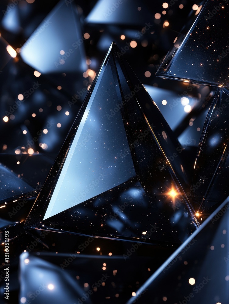 Poster abstract geometric pyramids with glowing particles in dark blue tones for modern design and futurist