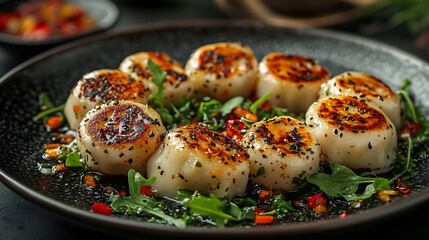 Stunningly lit dumplings with crispy edges sitting on a dark plate with vibrant greens