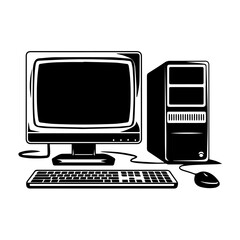 This image is a black-and-white vector illustration of a desktop computer setup. It includes a monitor, a CPU tower, a keyboard, and a wired mouse. The design is minimalistic, with solid black shapes 