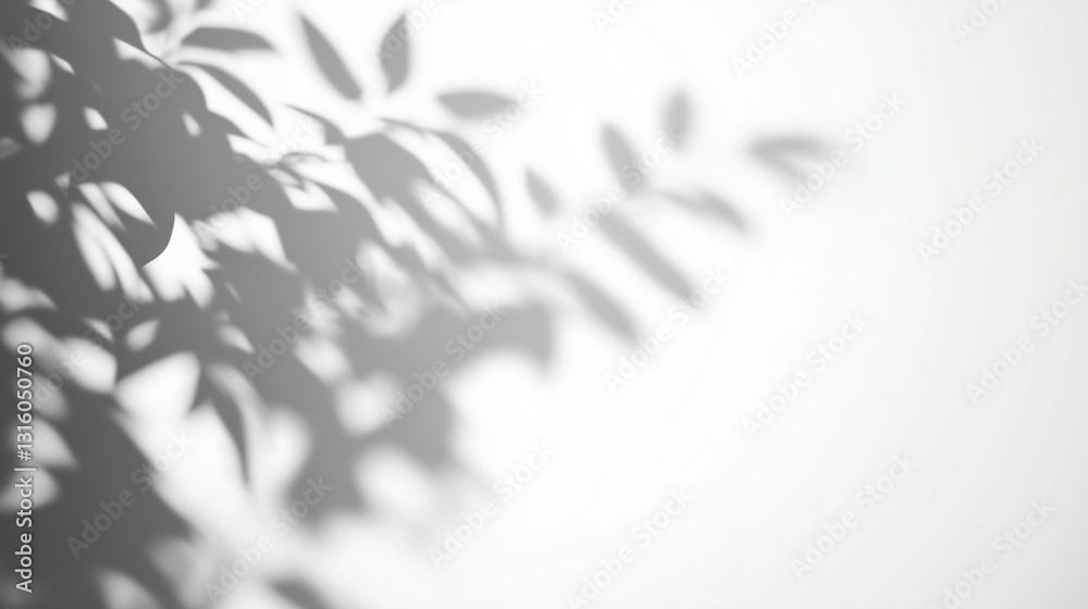 Poster Soft abstract background with delicate shadows of tree leaves on a white wall. Subtle blurred effect in shades of white and grey with soft lighting, ideal for wallpaper, backdrops, banners, and presen