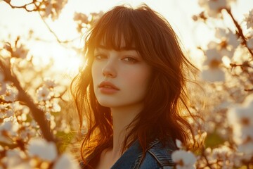 Fototapeta premium Spring mood, golden hour in sunset. Commercial ad campaign creative. Gorgeous caucasian young woman surrounded by cherry blossoms. Spring portrait of woman in cherry blossoms.