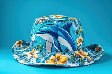 A colorful bucket hat depicting a dolphin in a tropical setting