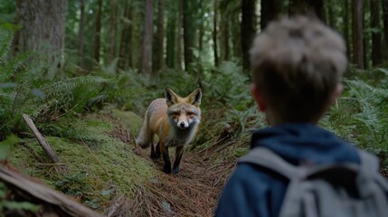 A cautious fox stealthily emerges from lush undergrowth, watched by a curious child in a serene forest setting.