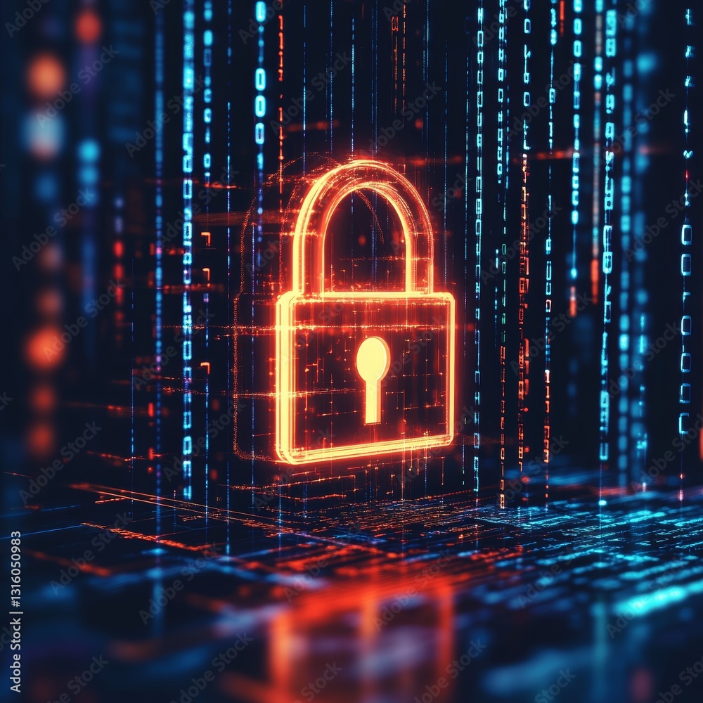 Poster digital lock icon in cyber space with binary data background