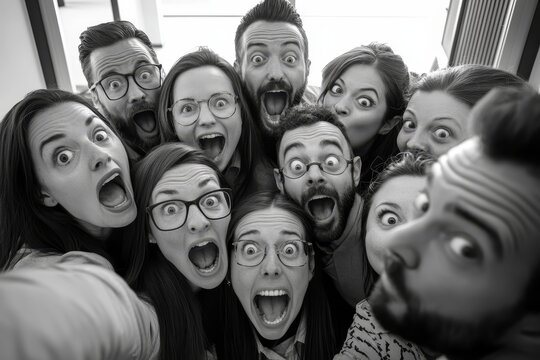 Selfie, office or funny friends taking a photograph together for teamwork on workplace break. Fashion designers, crazy faces or excited group of happy