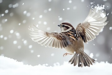 The fluttering wings of a sparrow as it shakes off falling snow.