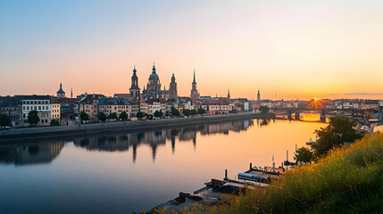 Obraz premium Scenic Panorama Of Dresden Cityscape At Golden Hour With Elbe River Reflection And Baroque Architecture During Sunrise In Germany