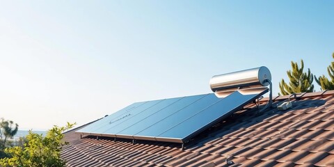 Rooftop solar water heater system with panels, sustainable energy, clear sky, trees, trees, eco-friendly