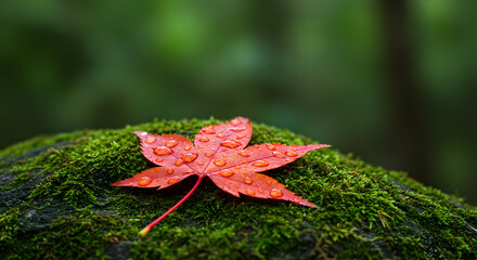 maple leaf close up in mossy stone. fall season.