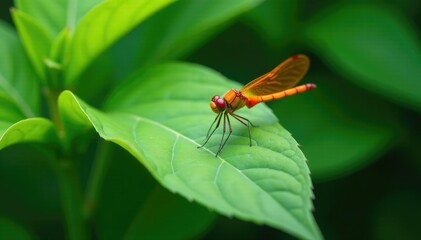 Naklejka premium green plant leaves with an orange dragonfly resting on top, dragonfly rest, dragonfly, floral arrangement
