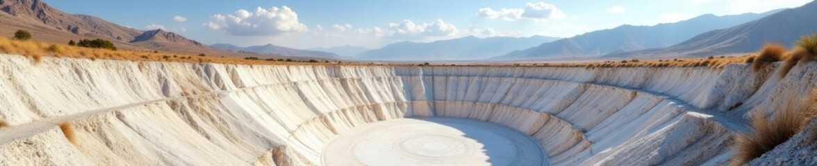 Gypsum quarry landscape with hills and mountains in the background, valley, gypsum
