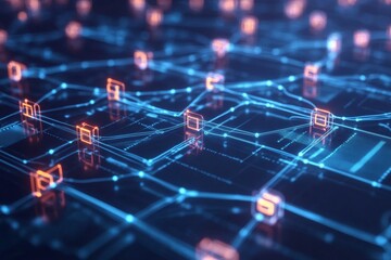 Obraz premium Abstract Digital Network Connectivity with Neon Blue and Orange Lights in a Futuristic Design
