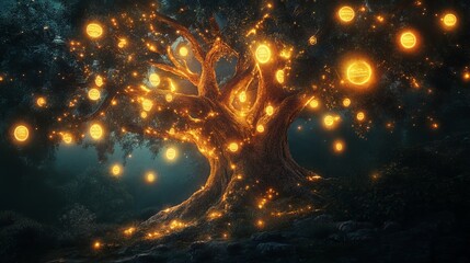 Naklejka premium Enchanting Nighttime Forest Scene with Glowing Magical Tree Lanterns