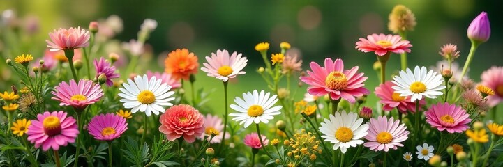 Fototapeta premium Rustic floral arrangement with daisies, carnations, and wildflowers in a cottage garden, vintage, daisies, garden