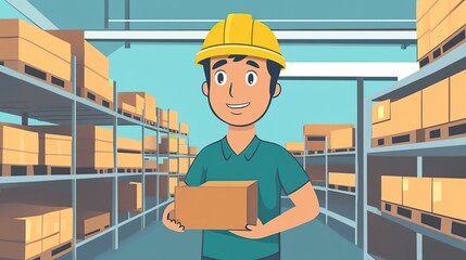 Worker Carrying Box in Warehouse.