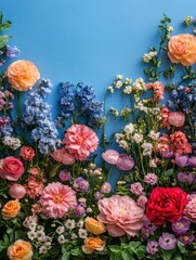 Exquisite floral arrangement on a serene blue backdrop showcasing a diverse range of vibrant blooms in a captivating display of natural beauty