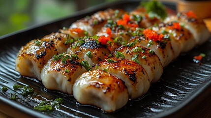 Radiant dumplings with a crispy touch placed on a black plate with fresh herbal garnish