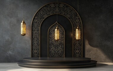 3D rendering of a podium with a Ramadan Islamic background design, featuring a black and gold color theme, a hanging lantern decoration, and a simple, minimalist style. 