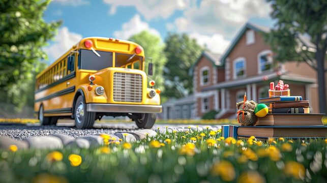 Bright school bus arriving with colorful books and supplies for a ready-to-learn 3d education concept illustration.