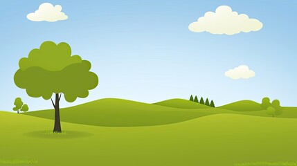 Obraz premium Lush Green Landscape with Single Tree and Rolling Hills Under a Bright Blue Sky with Fluffy Clouds in a Serene and Peaceful Environment