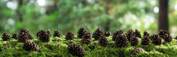 Fototapeta premium Close Up View Of Dark Brown Pine Cones Arranged On A Bed Of Vibrant Green Moss Against A Soft Focus Green Forest Background Perfect For Nature Photography And Eco Friendly Product Advertising.And