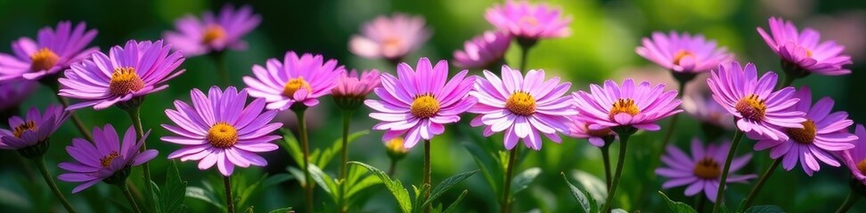 Fototapeta premium High angle shot of a row of purple daisies with lush greenery, nature, gardens