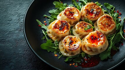 Soft textured dumplings with a gentle shine sitting on a sleek dark surface with greens